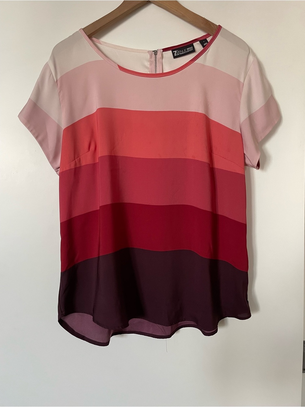 New York & Company Pink, Coral & Burgundy Striped Short Sleeve Blouse